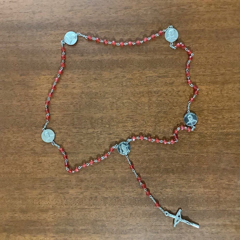 Vintage Pope John Paul II Red Bead Catholic Rosary Crucifix
